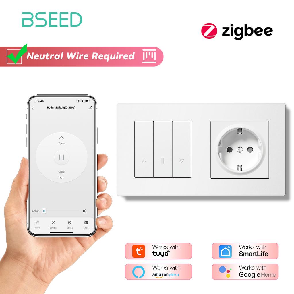 BSEED Zigbee Shutter Switch With Wall Sockets Wall Smart Click Switches Yellow Backlight Plastic Frame Tuya APP Roller Switch EU