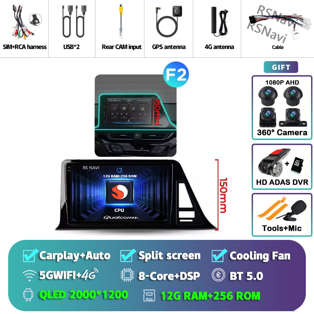 Android 14 Carplay Auto Для Toyota C-HR 2016 - 2020 Автомагнитола Мультимедийный DVD-стерео 360 Камера Навигация Видео AI Голосовое управление