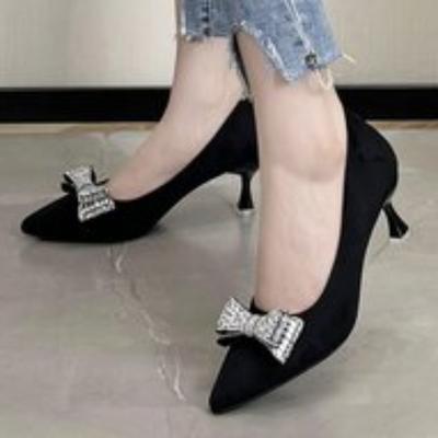 Туфли для женщин Весенние слипоны Женские туфли-лодочки Однотонные Остроносые Замшевые С пайетками С мелким вырезом Полное качество Высокие каблуки