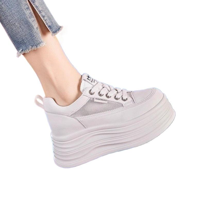 Кожаные женские туфли на толстой подошве Весна и Осень Новые Дышащие Спортивные Туфли 8 см Высота Увеличения Плоские Туфли