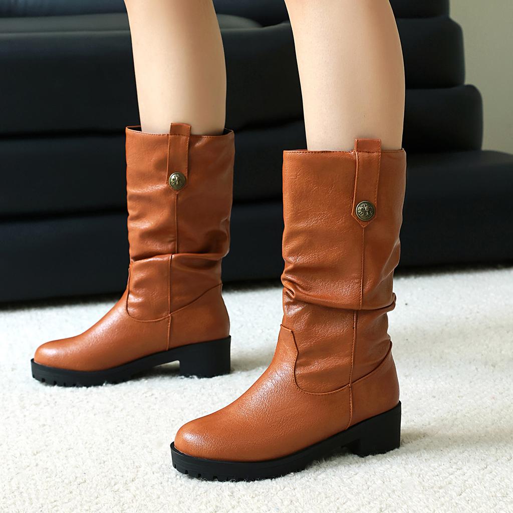 Women's Low-heeled Boots Autumn and Winter New European and American Thick-heeled Large-size Roman Medium Boots