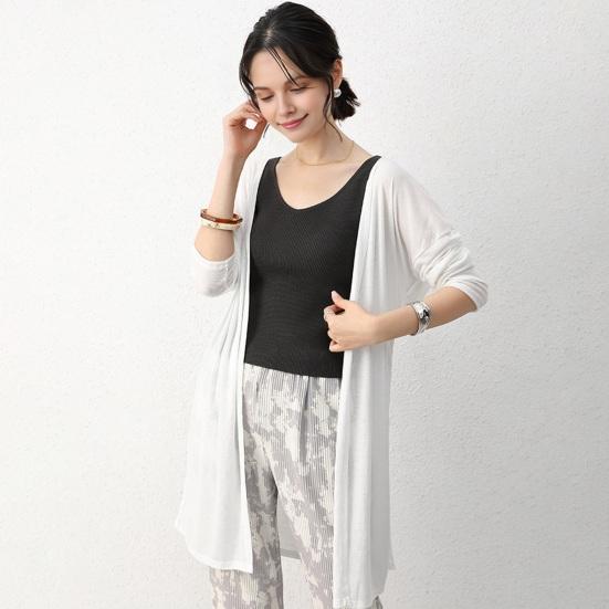 Женское повседневное пальто без воротника с длинным рукавом и открытой строчкой, кардиган средней длины, однотонное тонкое солнцезащитное пальто