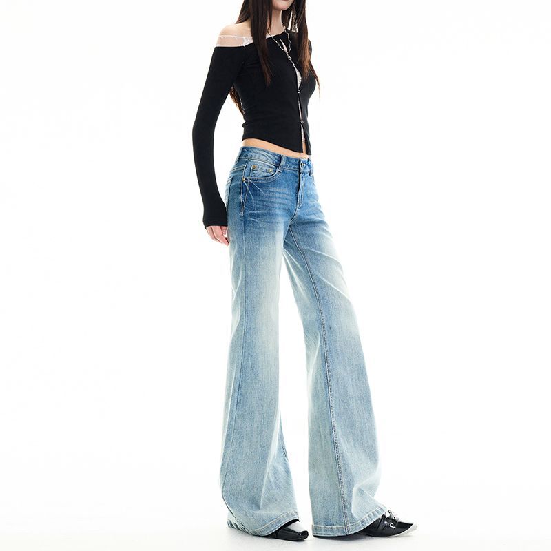 Autumn and winter new gradual change of color washed blue handmade cat whisker micro-horn jeans women