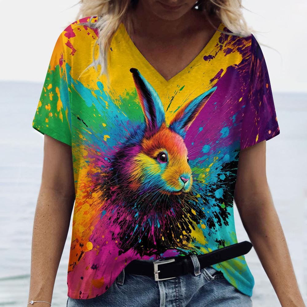 Женская летняя футболка с коротким рукавом, свободная одежда больших размеров, топы с v-образным вырезом, топы с принтом животных и птиц, женские повседневные футболки, одежда 2024