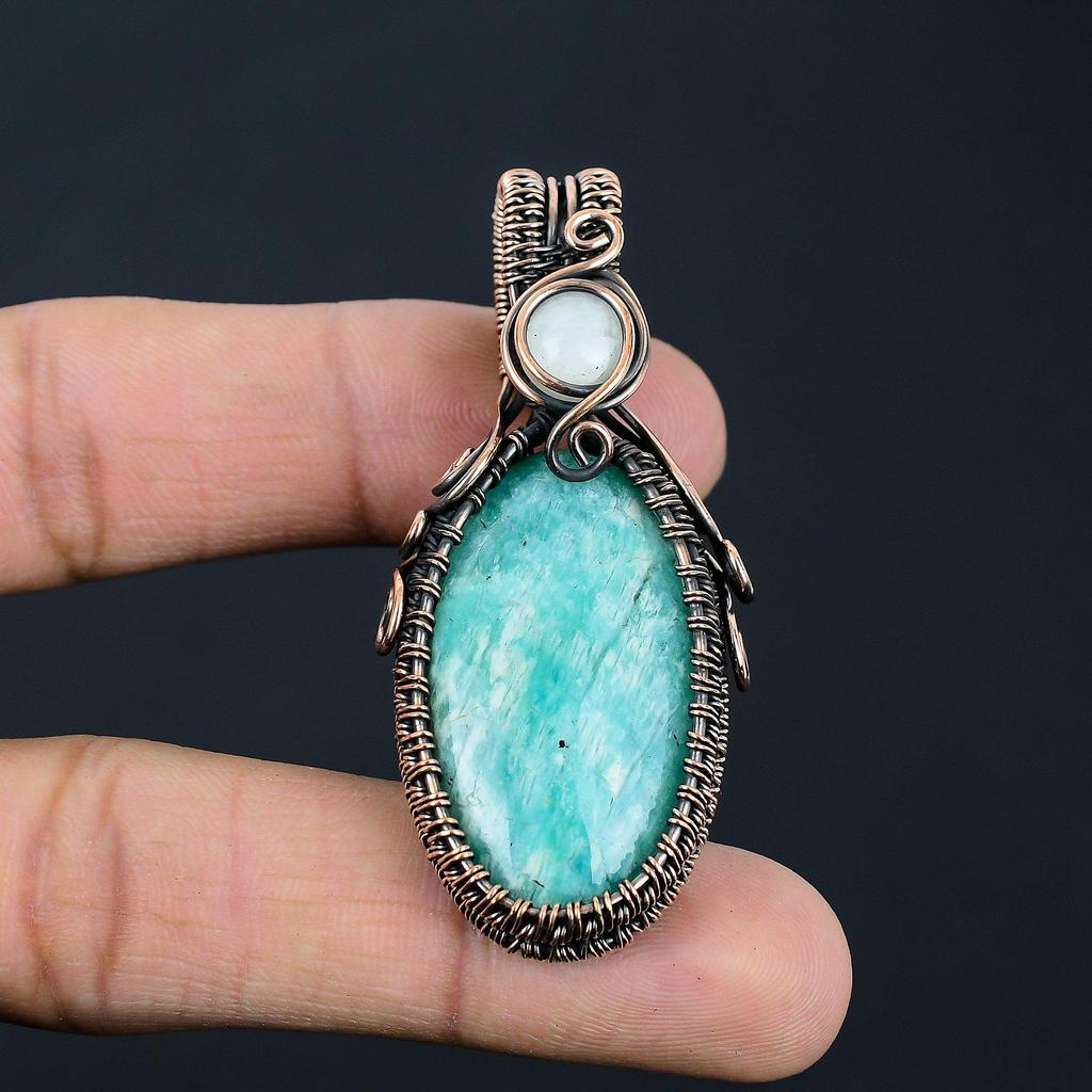 Gorgeous Amazonite & Moonstone Gemstone Handmade Pure Copper Wire Wrap Jewelry Pendant