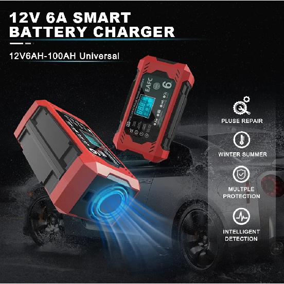 Автомобильное зарядное устройство для аккумулятора 6A 12V Устройство для зарядки аккумулятора автомобиля и мотоцикла Свинцово-кислотный аккумулятор Умный ремонт ЖК-дисплей