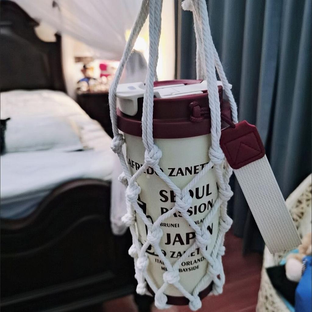 Portable Macrame Water Bottle Holder Hand Woven Cotton Rope Boho Cup Carrier for Coffee & Iced Drinks Outdoor Camping Supplies