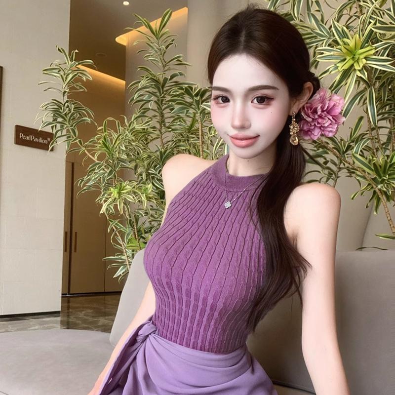 Summer Korean Solid Color Halter Neck Sleeveless Slim Twist Knit Vest For Women