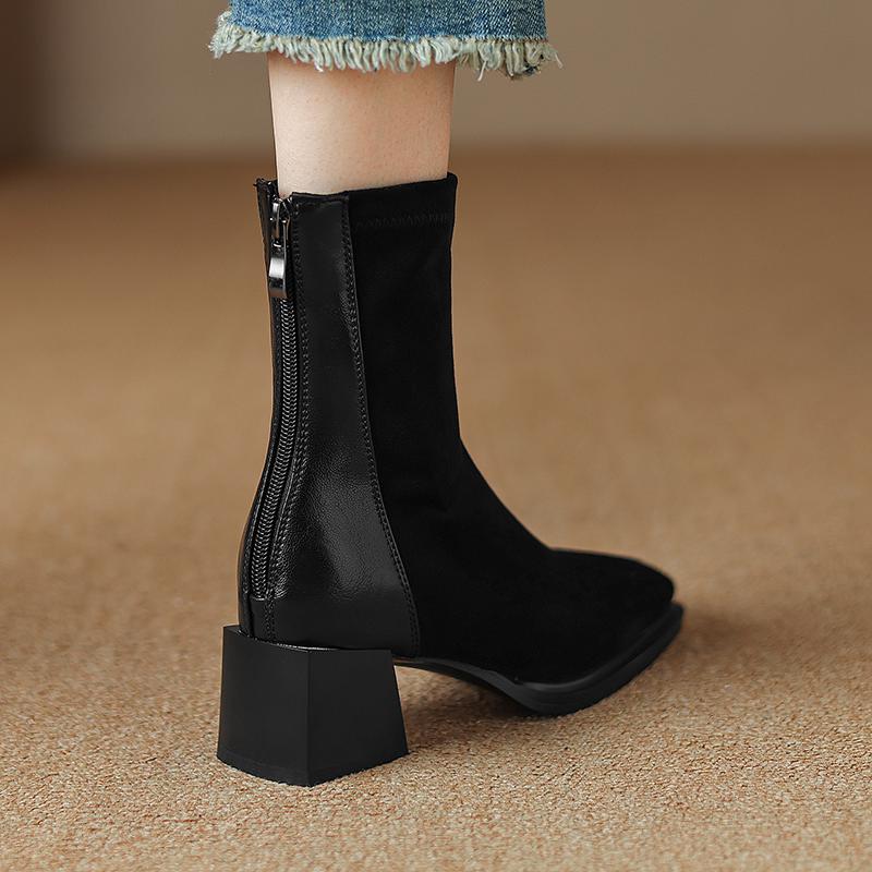Krazing Pot Осенне-зимняя обувь из флока Ботинки Челси с квадратным носком, сохраняющие тепло, на молнии, эластичные ботильоны