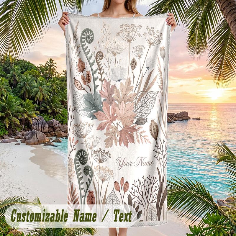 Autumnal Botanical Elegance Theme Quick Dry Beach Towel Custom Name Text Print Large Sand Resistant Towel Beach Vacation