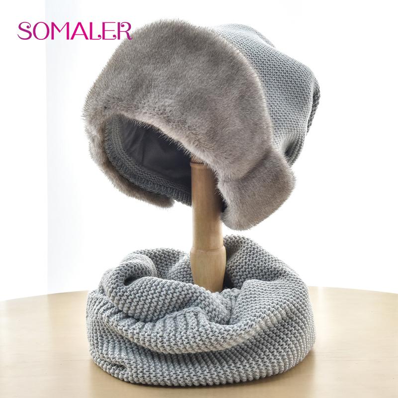 SOMALER Зимняя вязаная шапка с полями из цельного натурального норкового меха, женская шерстяная шапка, комплект с шарфом, теплая вязаная шапка