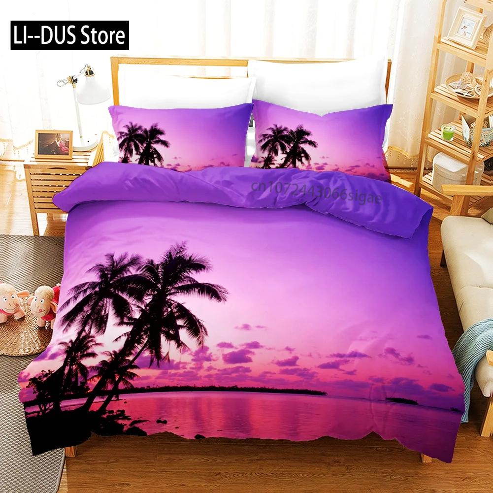 Tropical Duvet Cover Set King Size Microfiber Palm Trees Silhouette Sunset Tropical Beach Coastline Exotic Vacations Bedding Set