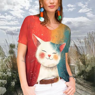 Футболки с v-образным вырезом и короткими рукавами для женщин, повседневная одежда в стиле Харадзюку, женские топы с рисунком кота, базовые футболки большого размера, летняя футболка