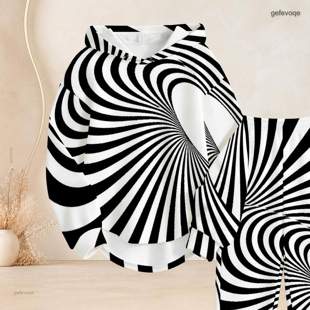 Women Plus Size Two Piece Set Long Sleeve Hooded Top Cuffed Pants Black White Printed