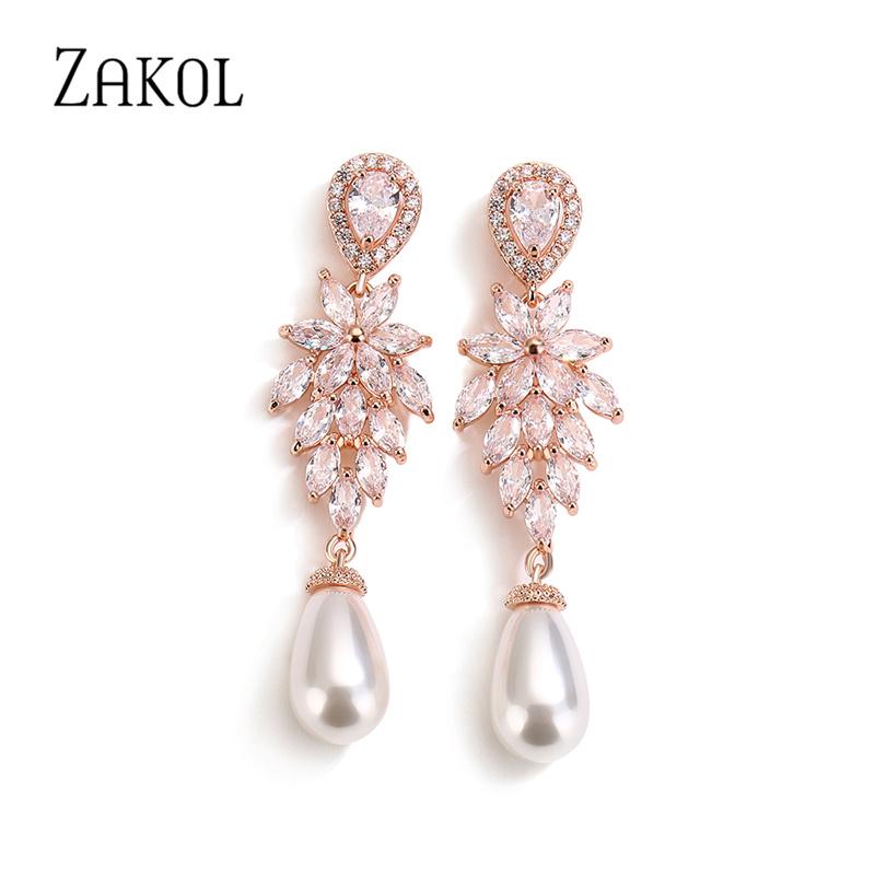 ZAKOL Luxury Bridal Dangle Earrings for Women Fashion Zircon Leaf Wedding Party Jewelry
