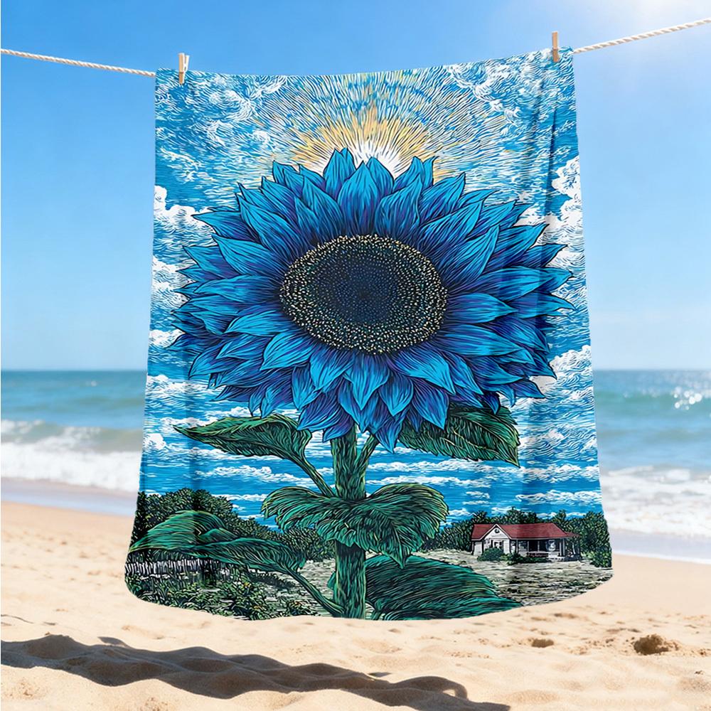 1pc Blue Sunflower Print Throw Blanket Polyester Fiber, Lightweight Flannel, Soft & Warm, All Season Use for Outdoor, Camping Digital Print
