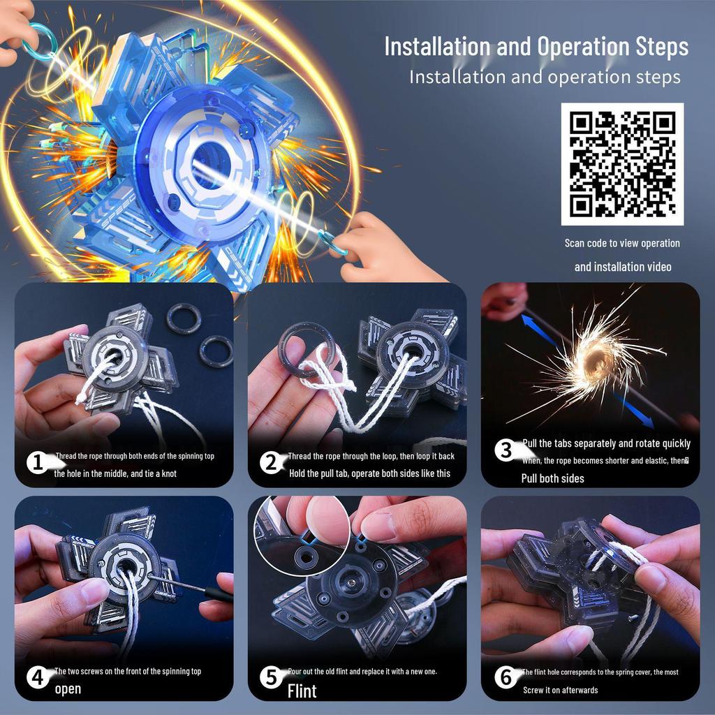 Hot-Selling Luminous Flint Pull-String Gyroscope Toy - Cool Spark Flying Wheel Cartoon Decompression Toy