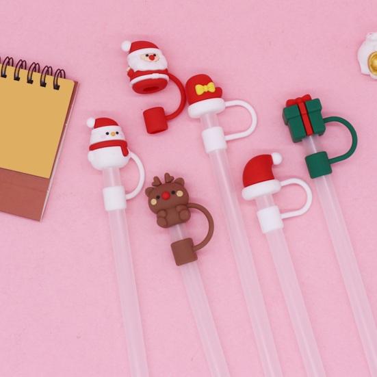 2Pcs Christmas Silicone Straw Cap 10mm Reusable Dust-Proof Straw Topper for Cup Party Decor Santa Claus Snowman