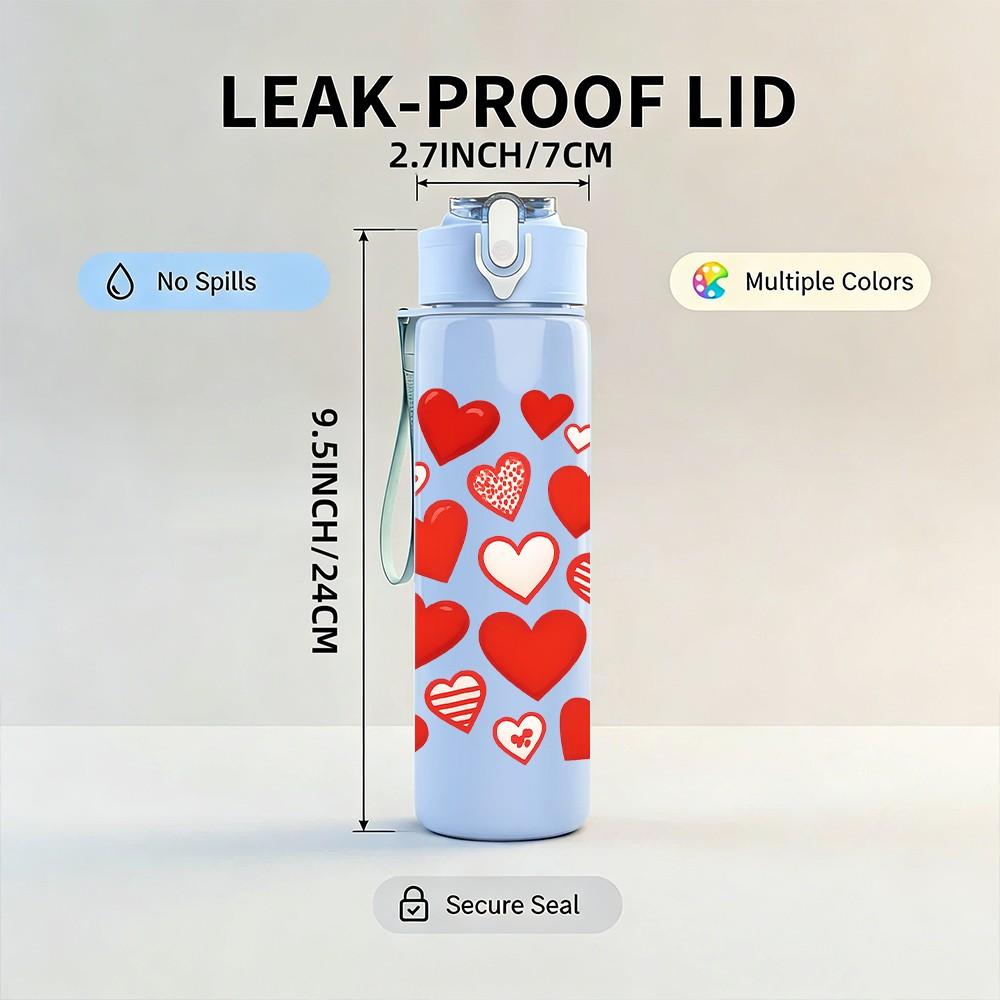 1PC Red Romantic Heart Love Pattern 750ml Color Plastic Sports Water Bottle Leakproof Flip Straw Lid Suitable for Sports Office Home Use