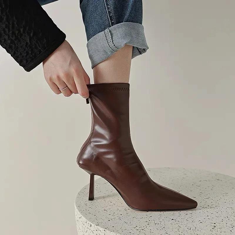 Footwear  Designer Slip On Shoes Women Ankle Boots Shoes Fashion Pointed Toe PU Ladies Modern Short Booties with Thin Heel