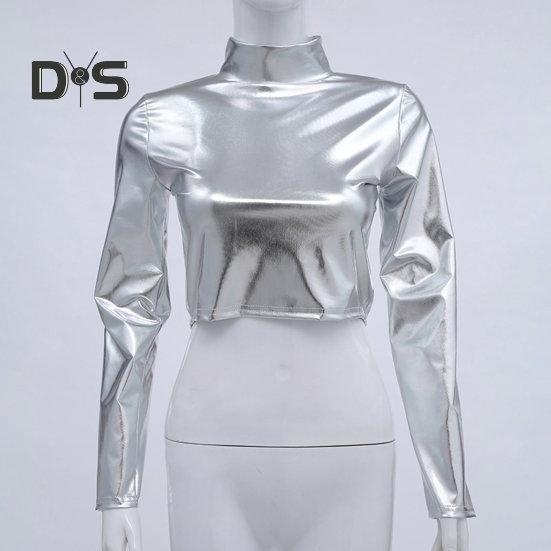 Women Club Top Glossy Faux Leather Half-high Collar Solid Color Waist-exposed Long Sleeve Skinny Pullover Elastic Nightclub Stage Show Party T-shirt