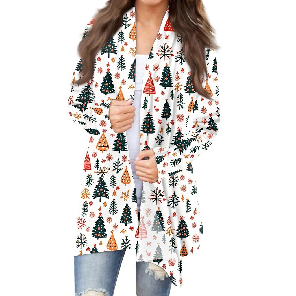 Women's Fashion Christmas Print Jacket Long Sleeve Casual Cardigan Coat