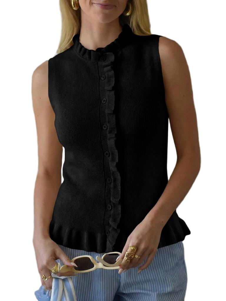 Women's Sleeveless Sweater Vest Ruffle Button Down Knit Tank Top