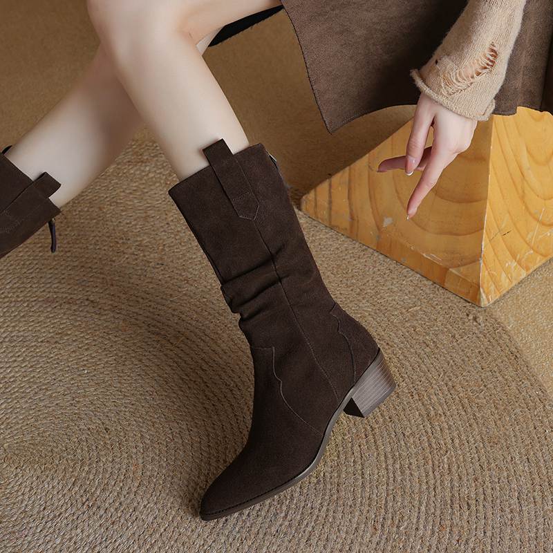 Krazing Pot Зимние женские сапоги из коровьей замши и нубука с круглым носком и средним каблуком, элегантные женские сапоги до середины голени в стиле ретро со складками