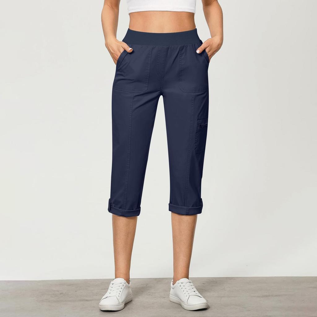 Женские модные однотонные рабочие брюки с эластичным поясом и карманами, укороченные повседневные брюки для бега