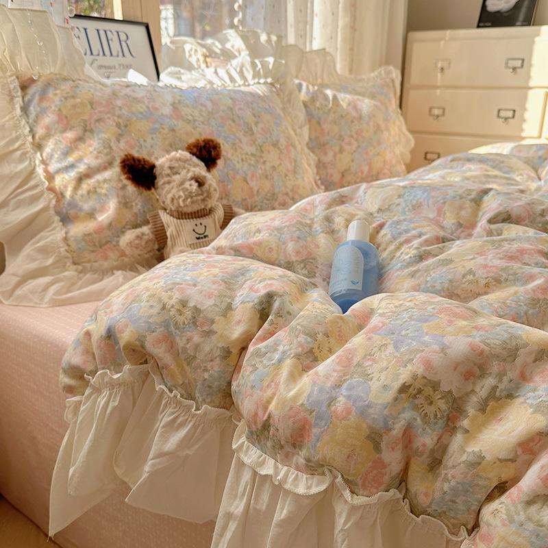 Французское кружево Комплект из четырех предметов для кровати Чистый хлопок Гипоаллергенный Комфортный Дышащий Стиранная простыня Пододеяльник Наволочка