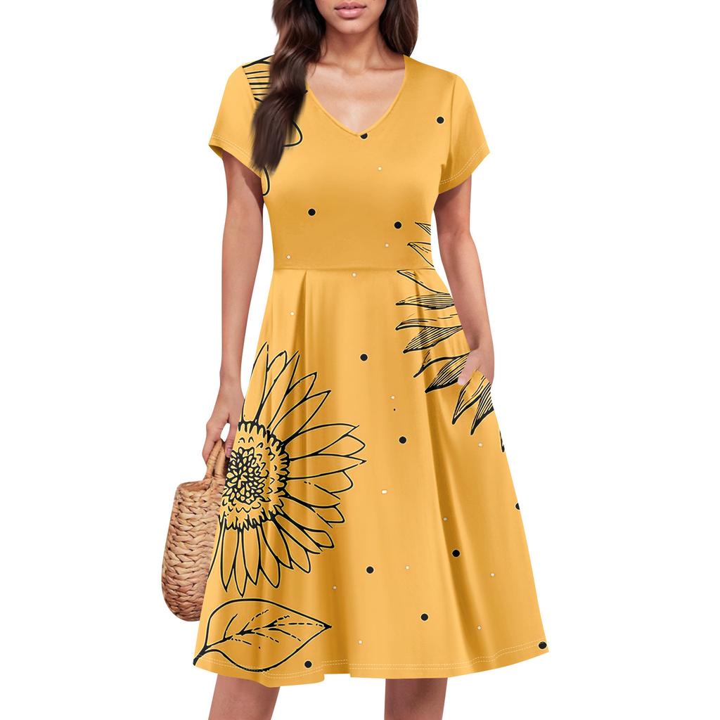 Womens Summer Dress Short Sleeve V Neck Short Dresses Fashion Casual Flowy A Line Swing Sundress With Pocket
