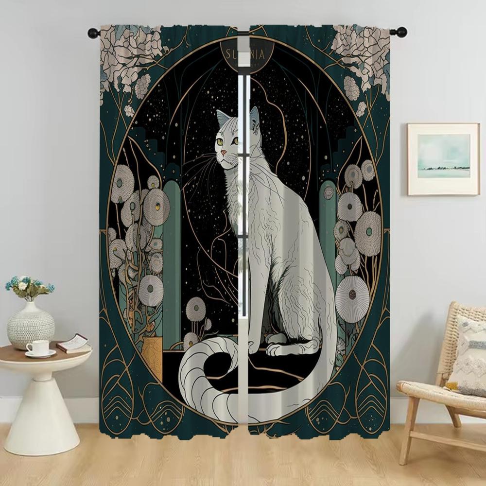 Window Curtain for Room 2 Panel Magic Cat Home Interior Curtains Tulle for Bedroom Halloween Decoration Shades Partition Living