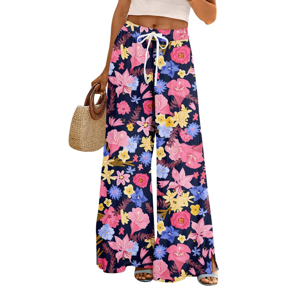 Women Summer Boho Palazzo Pants High Waist Wide Leg Rinting Casual Trousers With Pockets