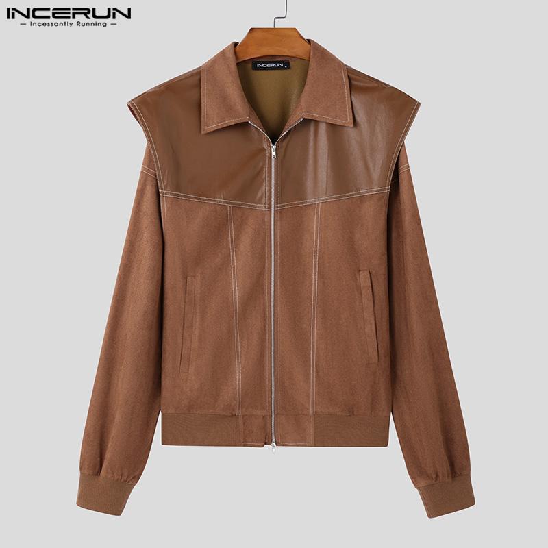 INCERUN Винтажные мужские лацканы с длинным рукавом на молнии из кожи PU в стиле пэчворк из замши, куртки