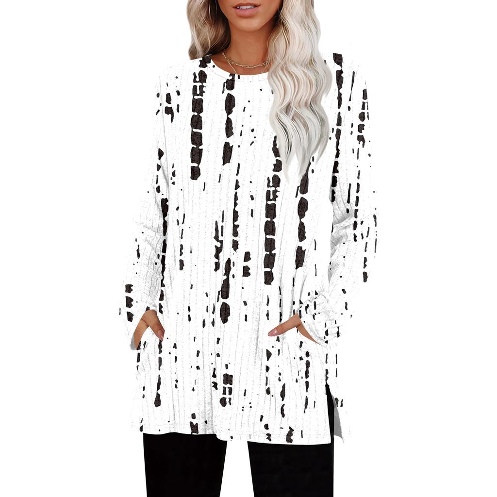 Womens Sweaters Crewneck Long Sleeve Shirts With Pockets Fall Outfits  Fashion Winter Clothing Side Slit