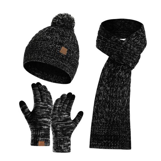 3Pcs Winter Warm Knit Beanie Hat Touchscreen Gloves Scarf Set for Women Men Skiing Skating Camping Driving Outdoor Sports Gifts