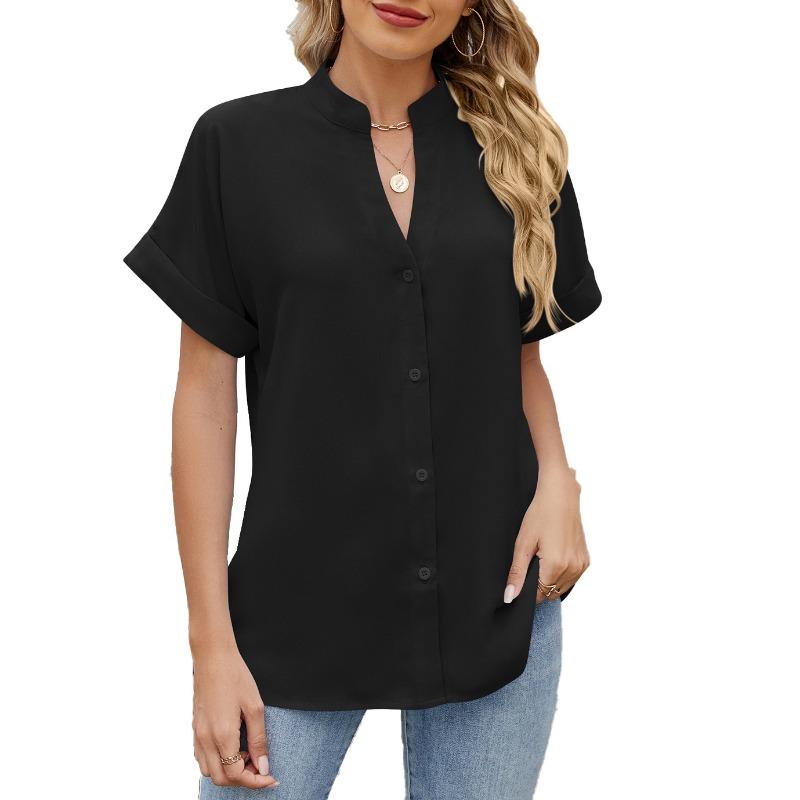 Женская однотонная рубашка свободного кроя с V-образным вырезом и короткими рукавами, застегивающаяся на пуговицы, шифоновая блузка весна/лето