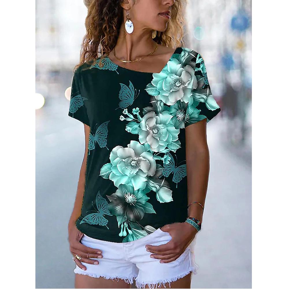 Женские футболки с цветочным принтом Женская одежда Топы с короткими рукавами Толстовки с v-образным вырезом Уличная одежда Футболки большого размера Женская футболка