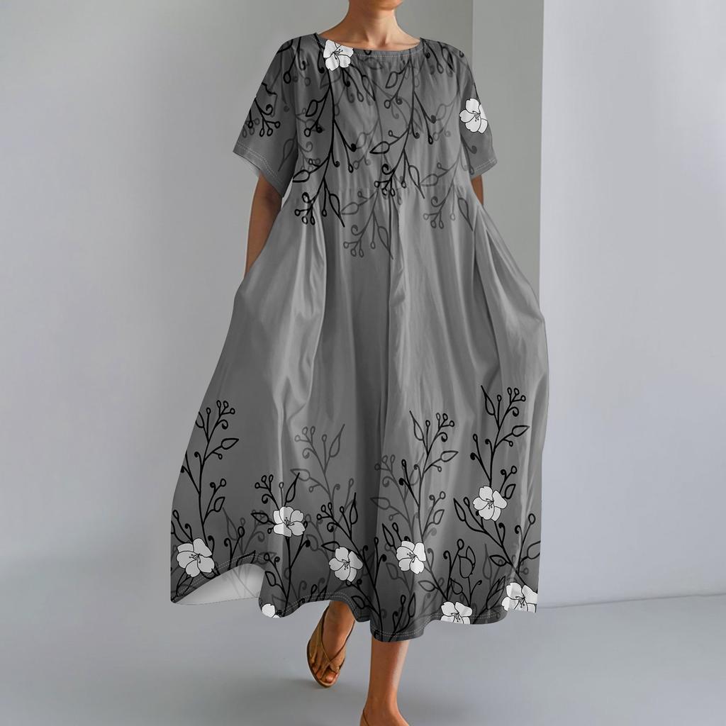 Women's Fashionable Print Round Neck Short Sleeved Loose Hem Pocket Dress