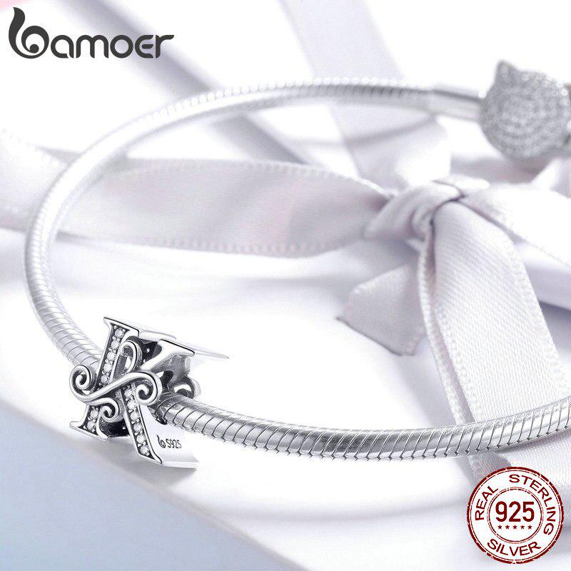 BAMOER 100% 925 Sterling Silver Letter K Alphabet Beads Charms Fit Charm Bracelets & Bangles DIY