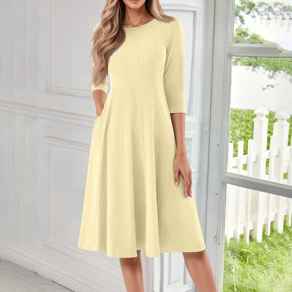 Женское повседневное модное платье миди с круглым вырезом и рукавом три четверти