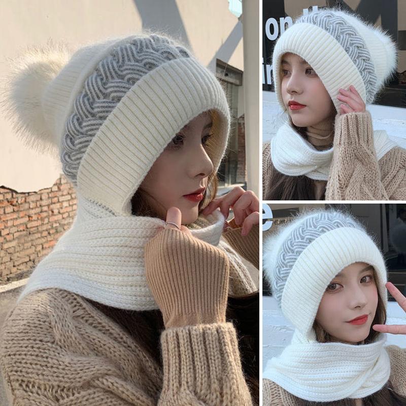 Winter Warm Hat Scarf Set Women Lady Plush Pompom Crochet Wool Knit Pullover Cap Outdoor Thick Windproof Warmer Hat Scarves