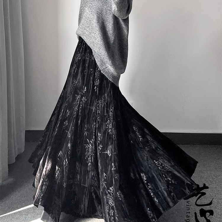 Ретро женская бархатная длинная юбка с принтом, осенне-зимняя теплая расклешенная А-силуэта