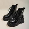 2025 Women's Black Back Zipper Chunky Heel Boots Goth Style Lace Up Solid Color Platform Short Boots for Women Fashion Wing