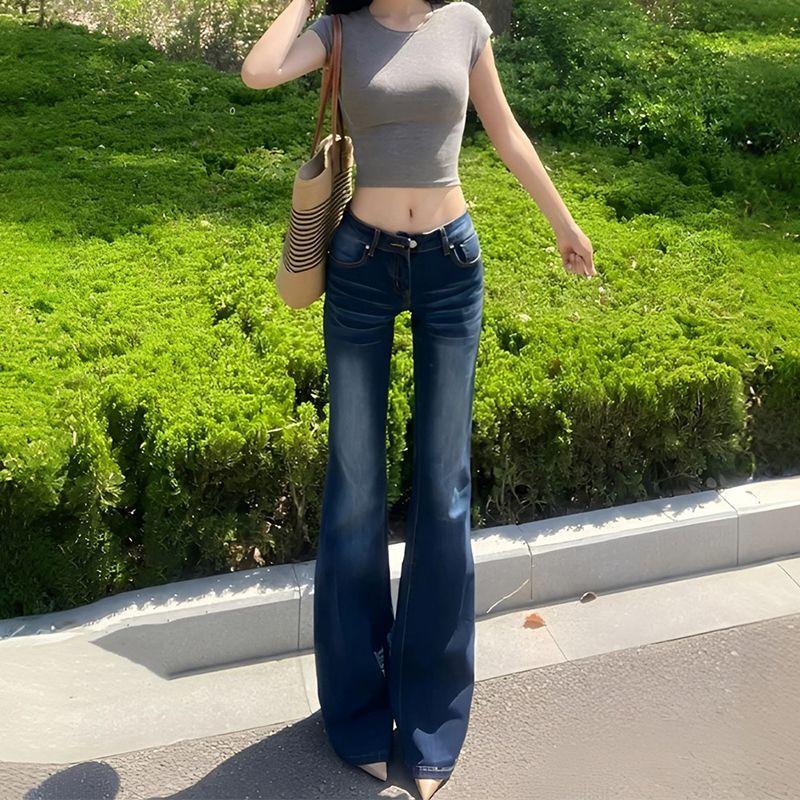 Crease design low waist large size jeans women's new fashion tight and thin extended floor flared pants