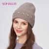 Winter Hats For Women Thick Warm Wool  Knit Beanie Hat With Rhinestone Female Fashion Solid Colors Outdoor Skull Cap