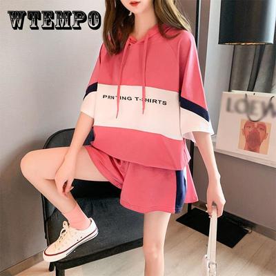 Повседневный спортивный костюм, женские летние шорты из двух частей с короткими рукавами, свободный летний женский комплект с капюшоном и строчкой