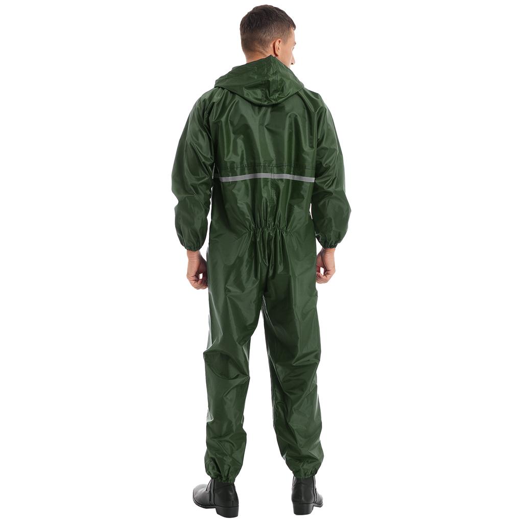 Mens Waterproof Jumpsuit Reflective Strip Rainsuit Long Sleeve Hooded Raincoat Zipper Coverall Workwear