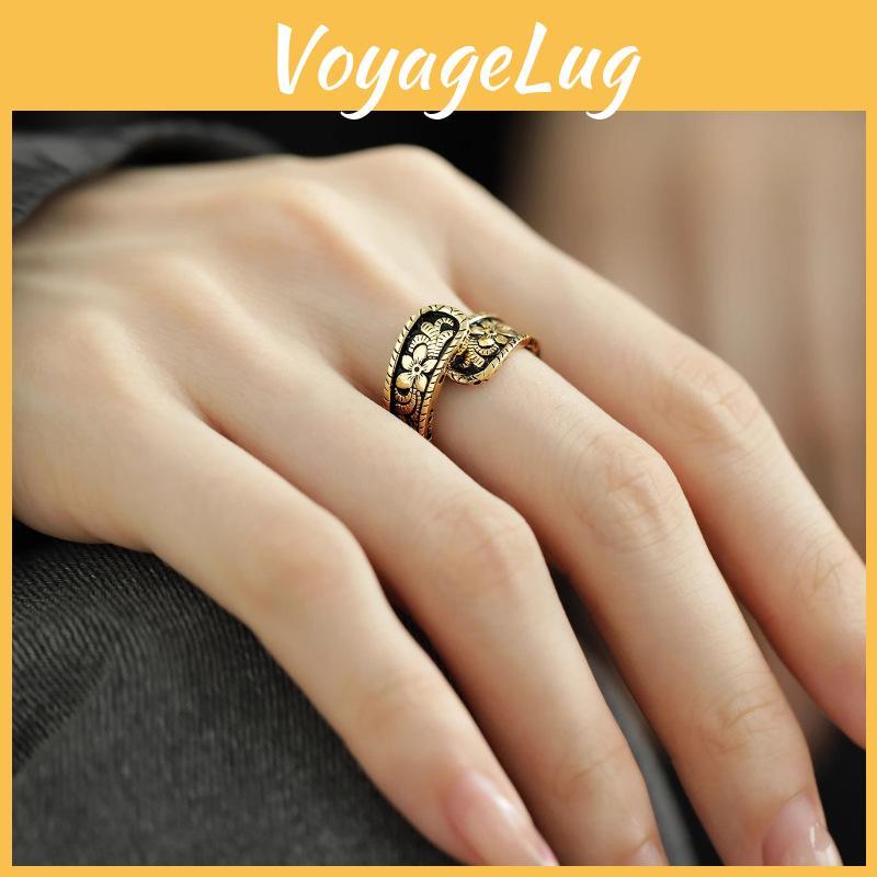 Elegant Geometric Design Ancient Gold Flower Ring For Women Adjustable Size