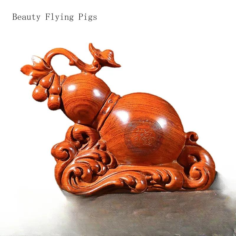 Classical and Creative Solid Wood Carving Gourd Decorations, Home Living Room, Mahogany Ruyi Handicrafts Home Decoration Statue